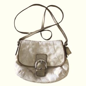 COACH CROSSBODY BAG • BEIGE LOGO FABRIC WITH GOLD LEATHER TRIM & STRAP • 9” x 7”